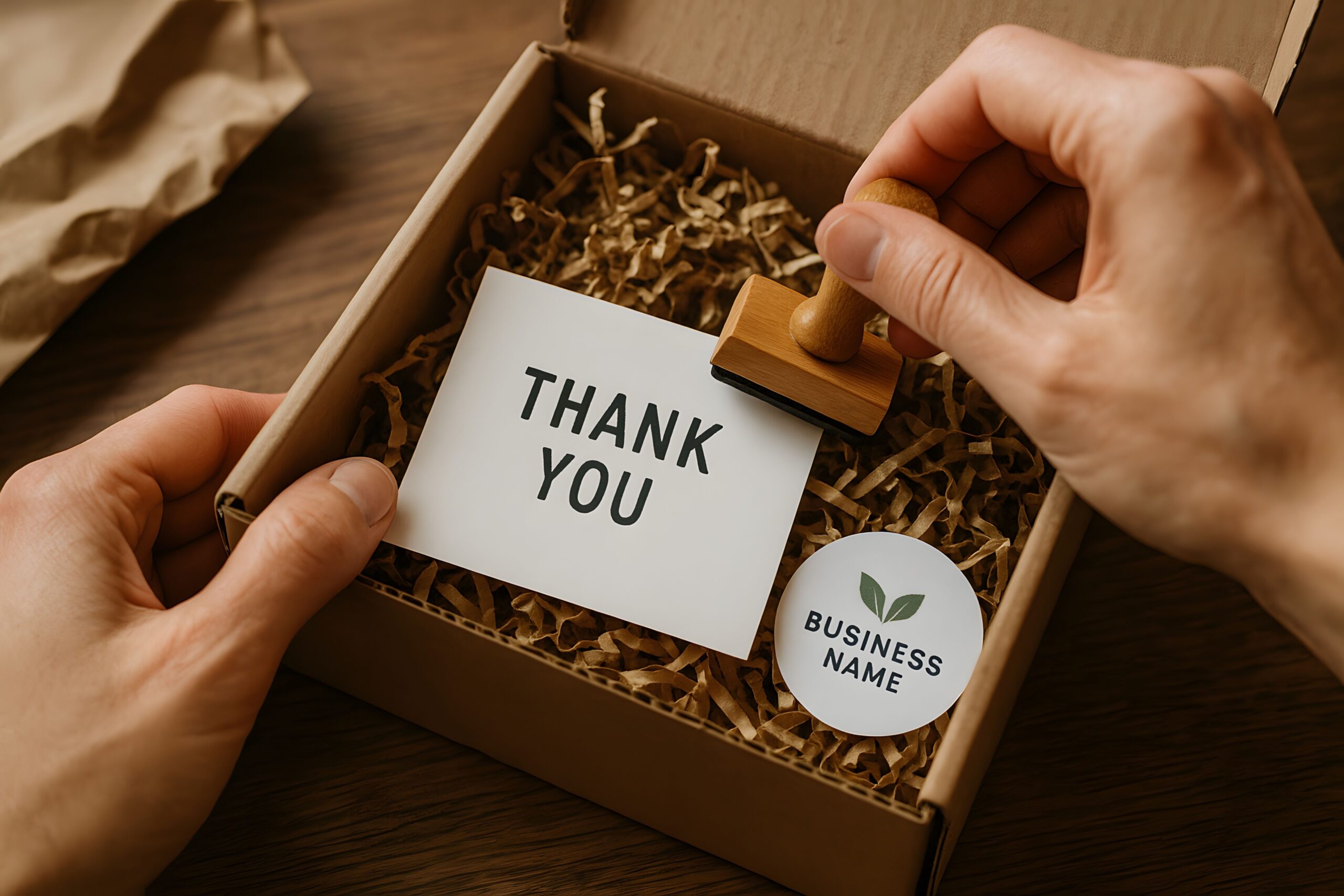 Kundengeschenk mit persönlichem Danke-Stempel und Markenetikett